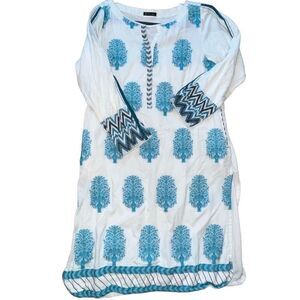 J. Pret Junaid Jamshed Womens Dress Large White Blue Pullover Cotton Kurta‎